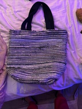 Woven Metallic Stripe Tote Bag in Silver and Black